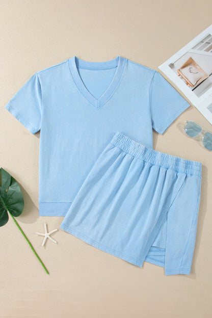 Beau Blue Mineral Wash V Neck Tee Matching Skort Set - Snoopy's Closet