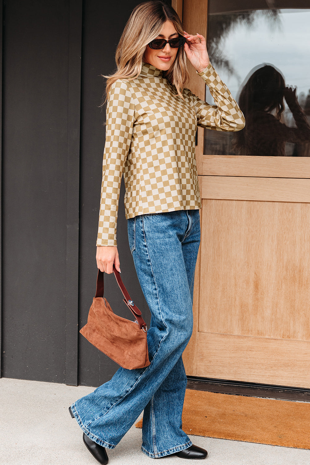 Khaki Check Pattern Turtleneck Ribbed Slim Long Sleeve Tee - Snoopy's Closet