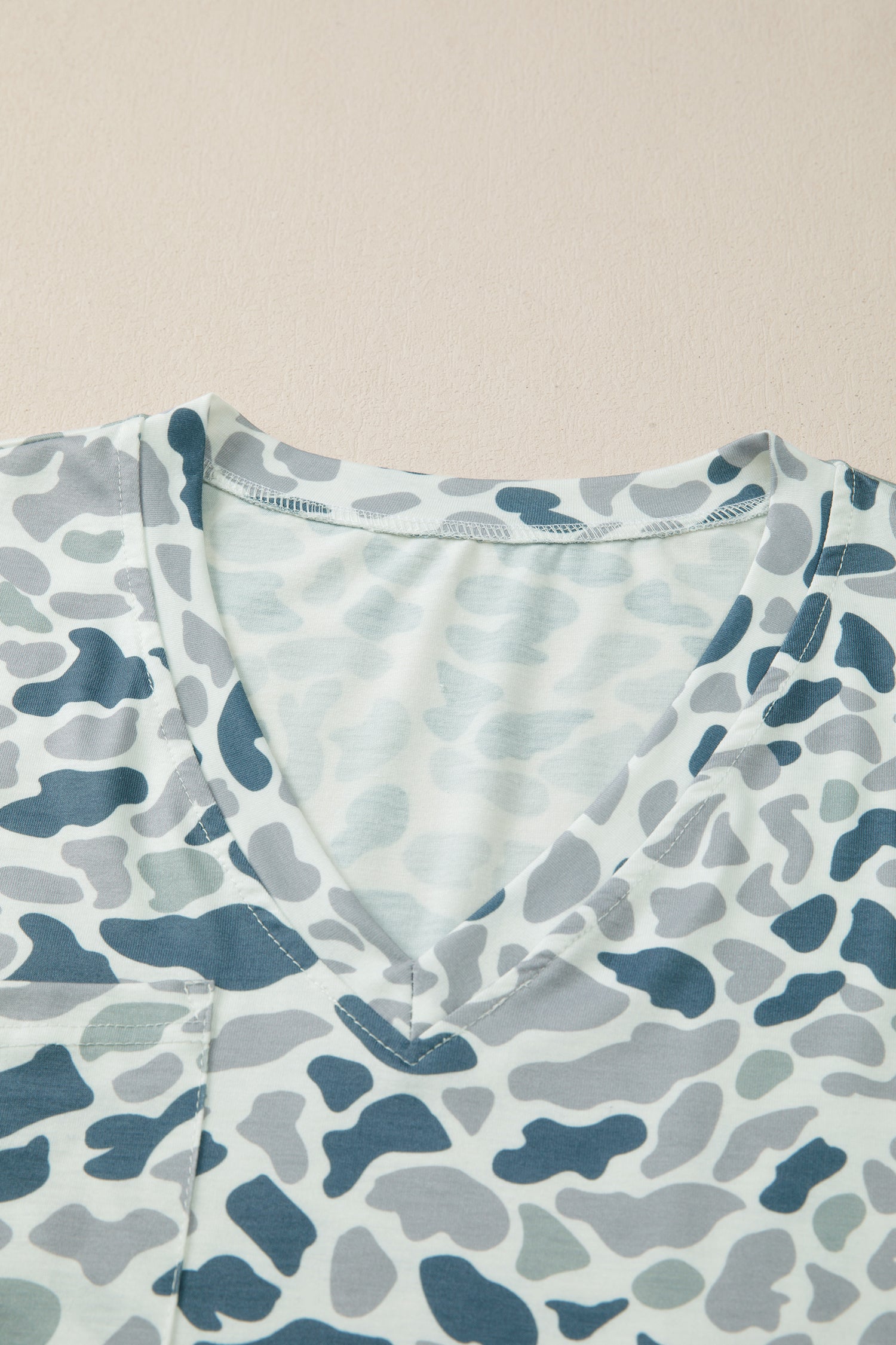 Gray Camouflage Print Single Chest Pocket V Neck Tee - Snoopy's Closet