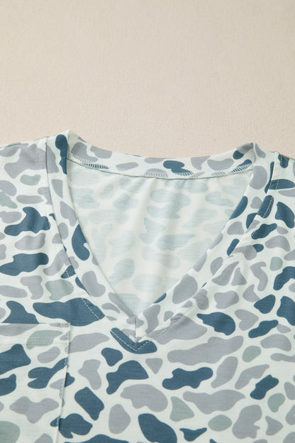Gray Camouflage Print Single Chest Pocket V Neck Tee - Snoopy's Closet