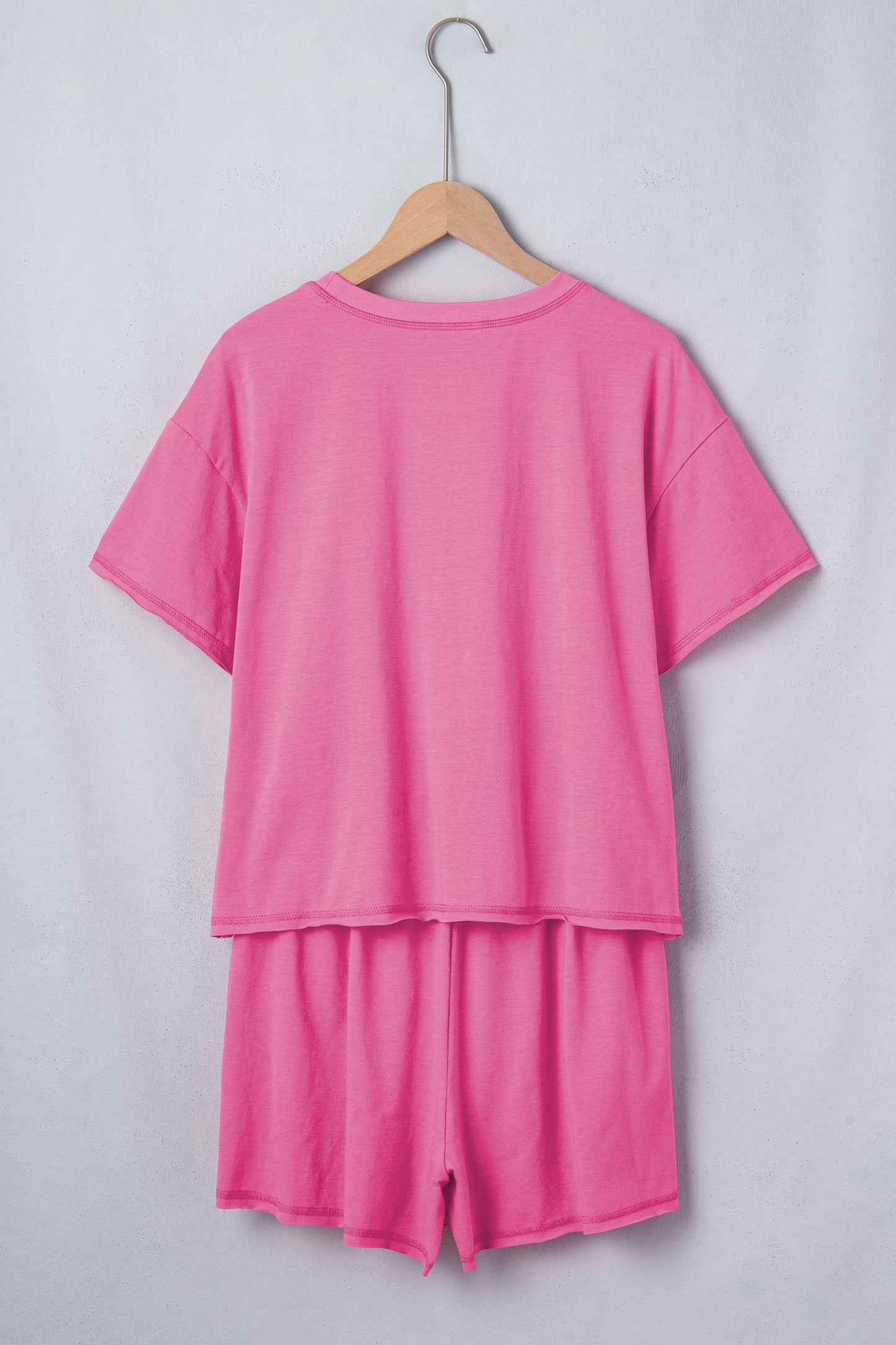 Bright Pink Seam Detail Raw Edge Tee Rainbow Waistband Casual Short Set - Snoopy's Closet