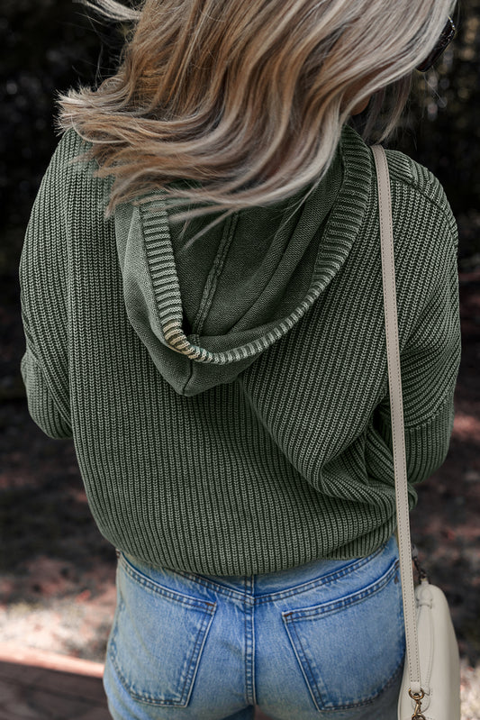 Mist Green Mineral Wash Ribbed Knit Button Drawstring Neck Hooded Sweater - Snoopy's Closet