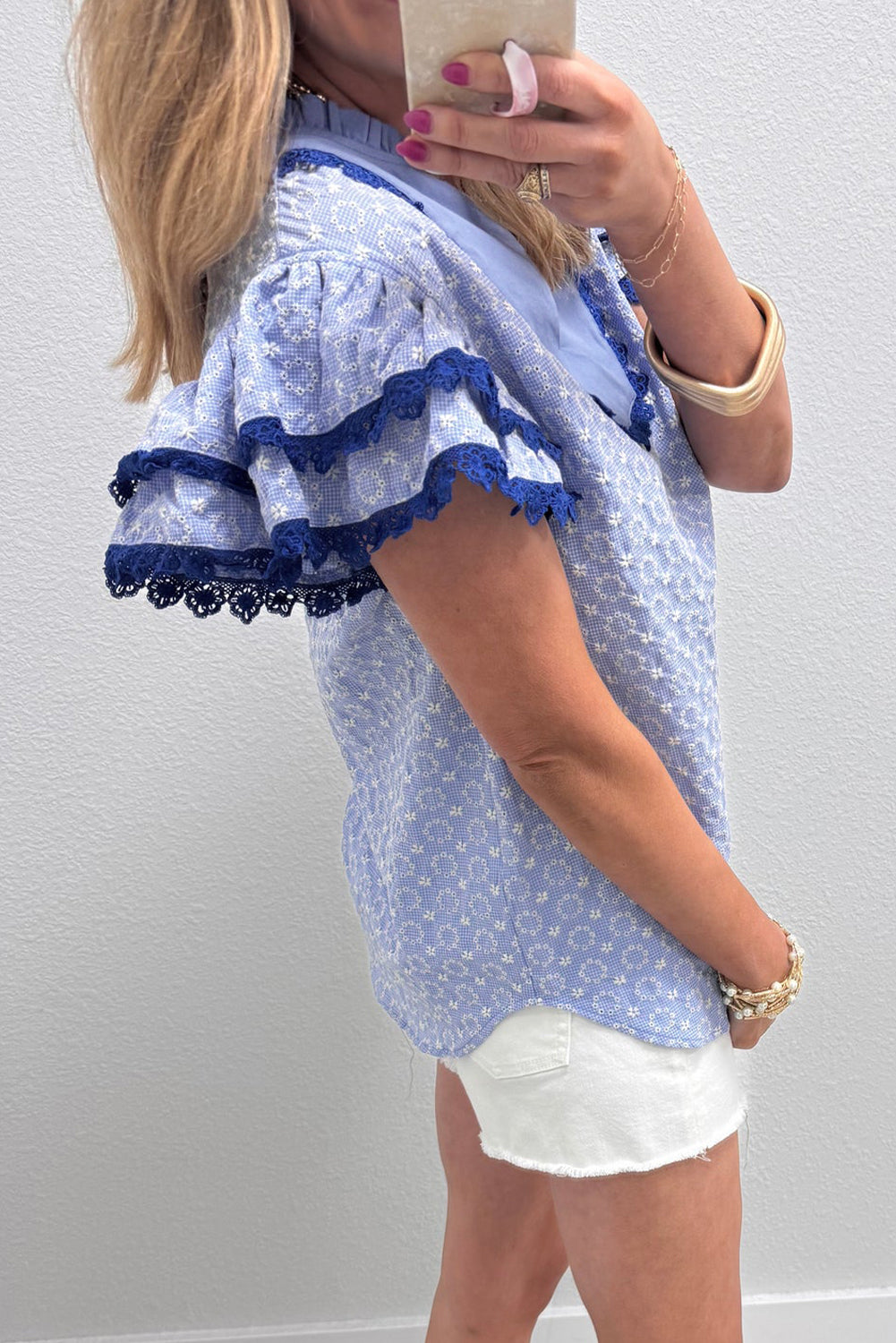 Beau Blue Eyelet Embroidered Flower Texture Contrast Lace Trim Flutter Sleeve Blouse - Snoopy's Closet