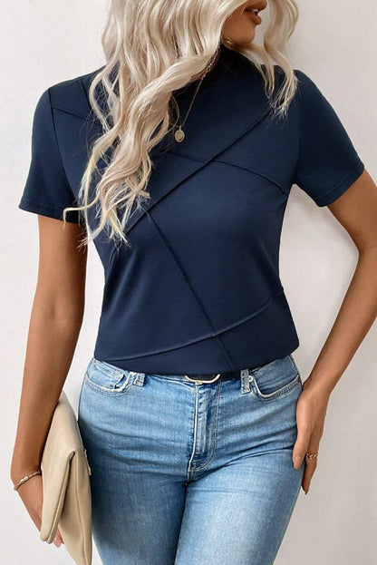 Dirty blue Solid Color Toothpick Stripe Round Neck T Shirt - Snoopy's Closet