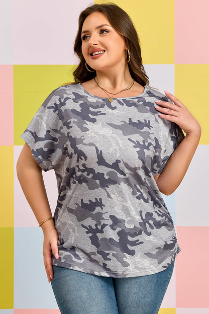 Gray Plus Size Camo Print Casual T Shirt - Snoopy's Closet
