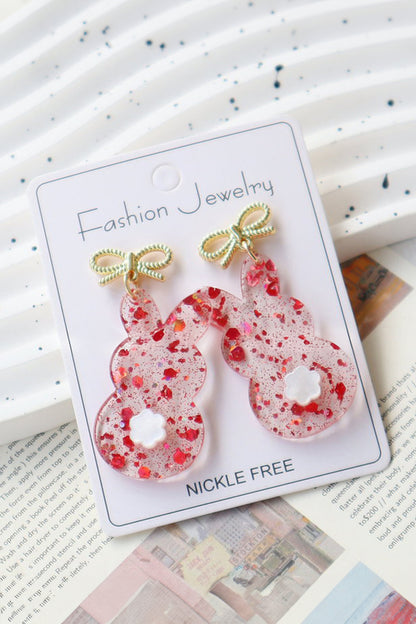 Fiery Red Clear Easter Bunny Bowknot Studded Earrings - Snoopy's Closet