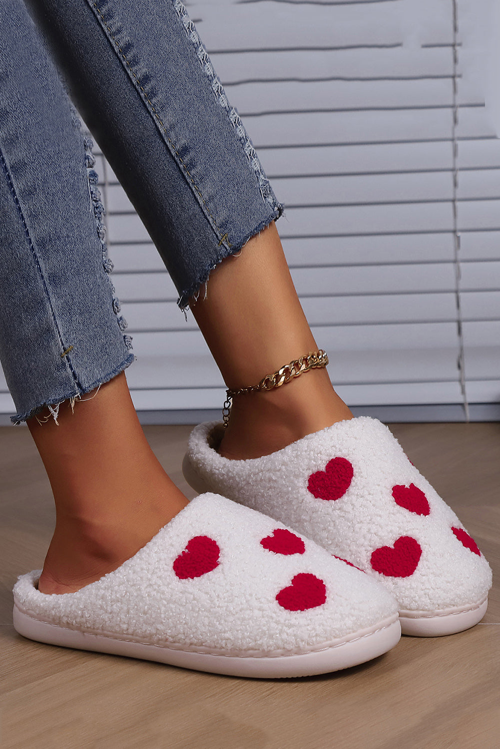 White Valentines Day Hearts Print Plush House Slippers - Snoopy's Closet