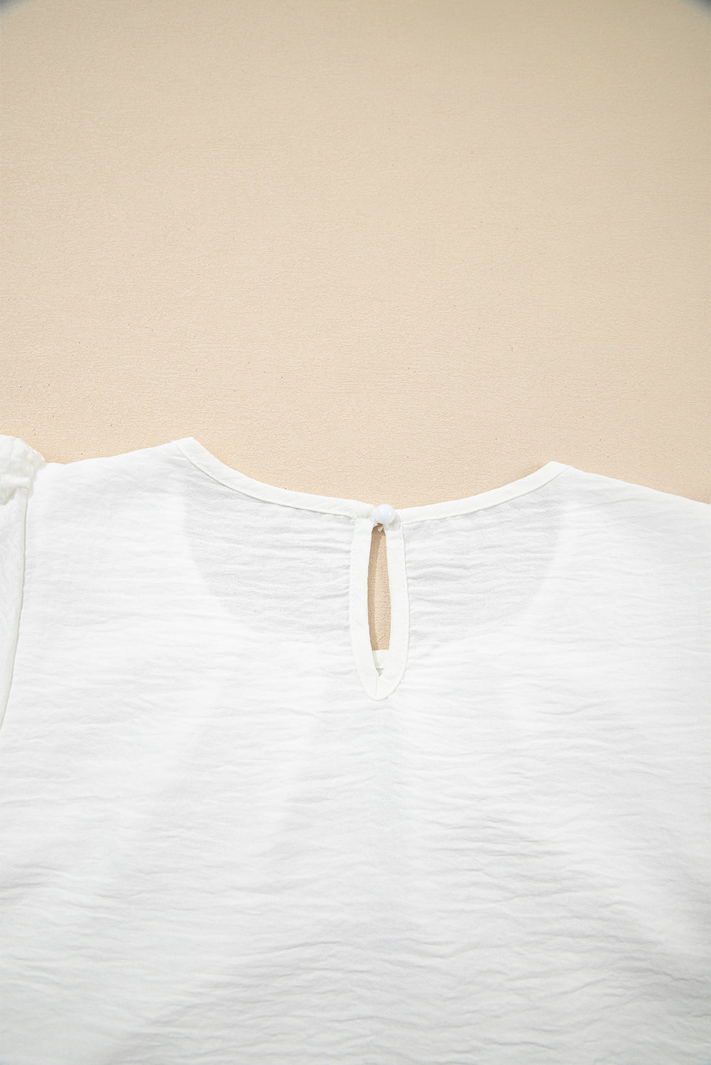 White Flounce Sleeve Pleated Textured Blouse - Snoopy's Closet