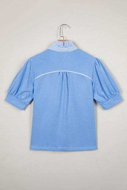 Sky Blue Striped Frilled Collar Short Sleeve Blouse