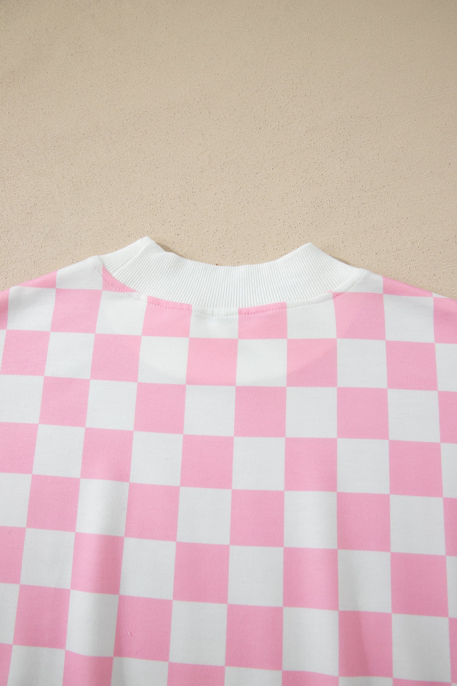 Pink Checkered Print Color Block Trim Mock Neck Short Set - Snoopy's Closet