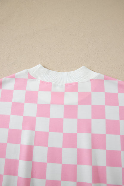 Pink Checkered Print Color Block Trim Mock Neck Short Set - Snoopy's Closet