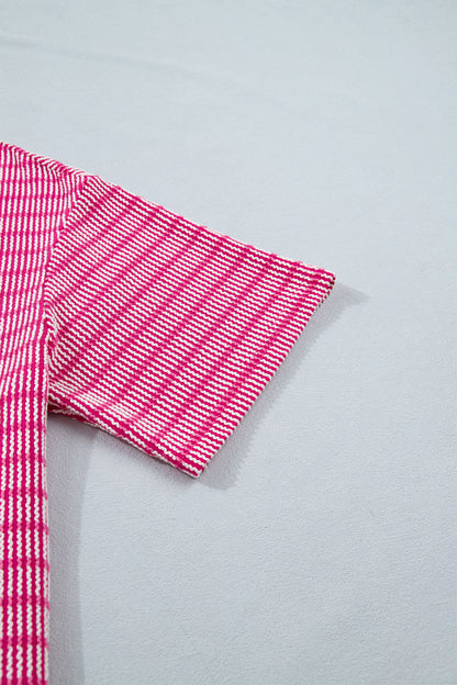 Conjunto de shorts de 2 piezas con camiseta holgada de canalé y estampado de rayas de rosas con cintura elástica con cordón