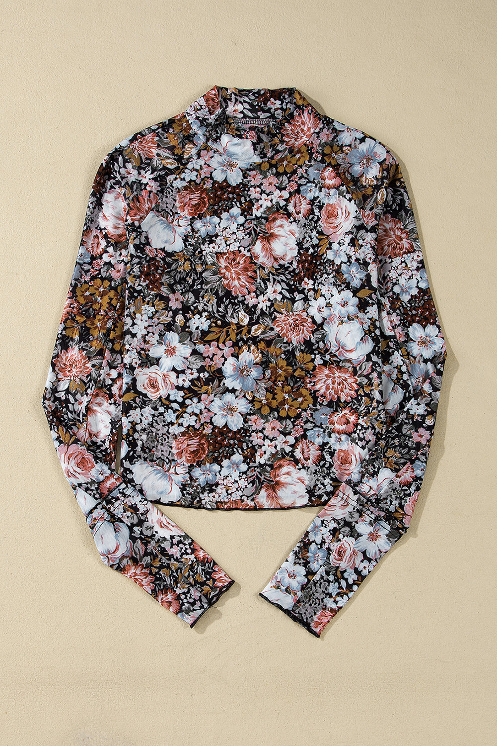 Brown Floral Long Sleeve High Neck Sheath Mesh Blouse - Snoopy's Closet