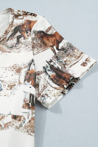 White Western Galloping Horses Printed Slim Fit T Shirt - Snoopy's Closet