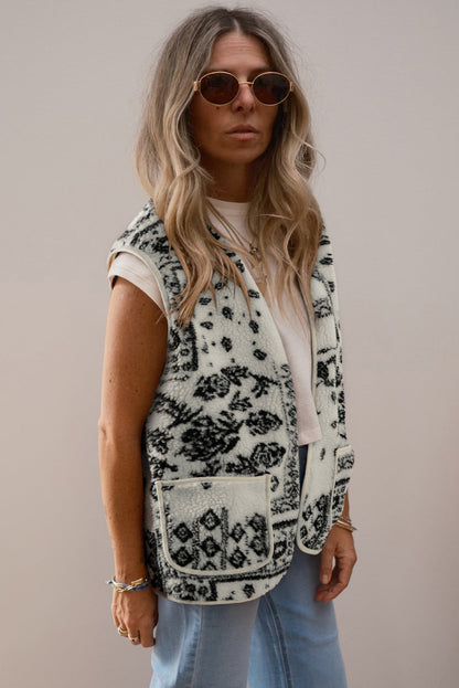 Chaqueta de chaleco de moda occidental con estampado de cachemira Sherpa beige con bolsillos