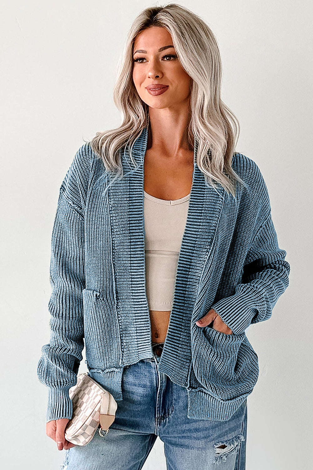 Evergreen Mineral Wash Exposed Seam Patchwork Knit Open Sweater Cardigan - Snoopy's Closet