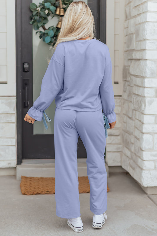 Top de manga larga con volante Beau Blue y pantalón con cordón, conjunto de salón de 2 piezas con lazo de terciopelo en contraste