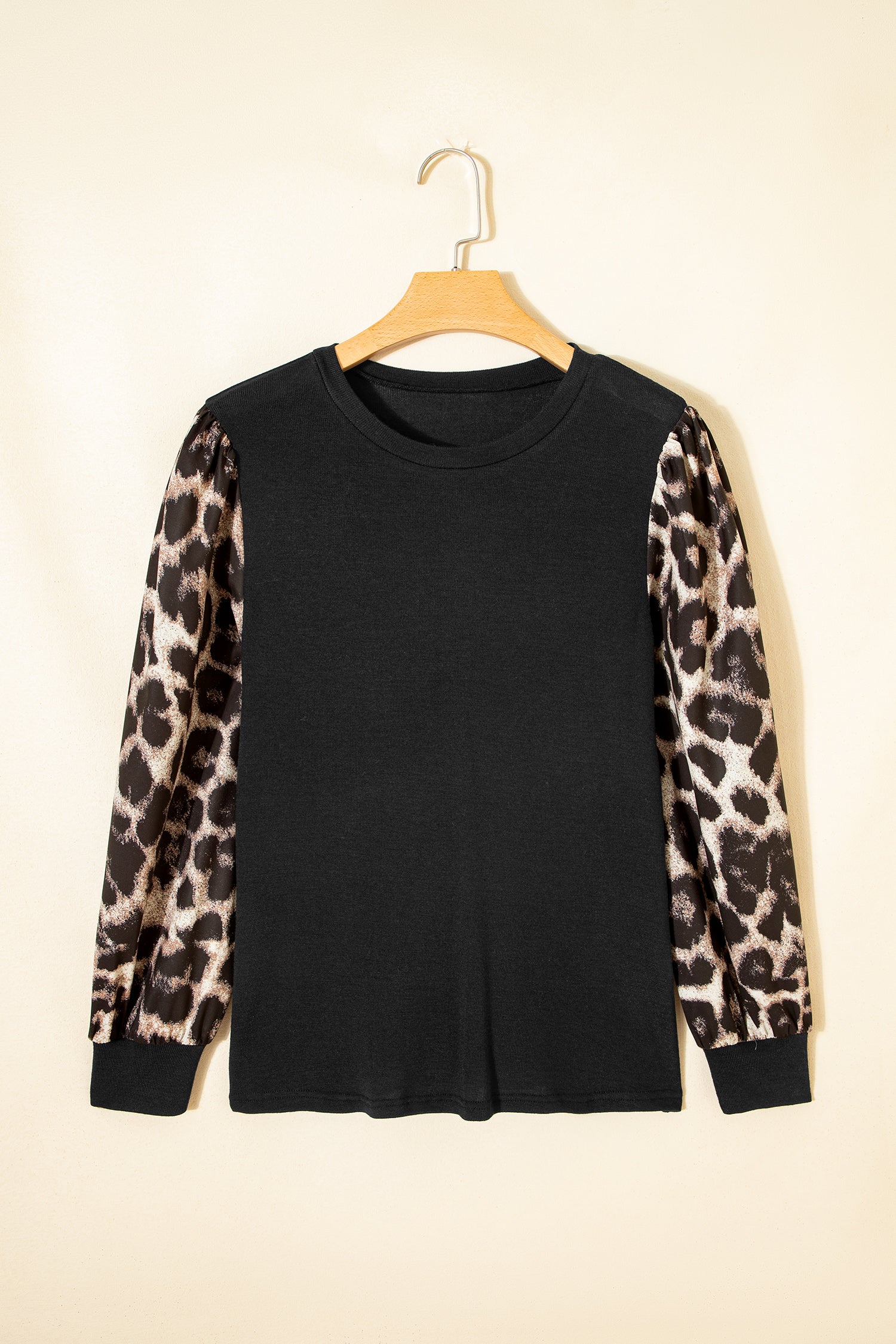 Khaki Leopard Puff Sleeve Patchwork Top - Snoopy's Closet
