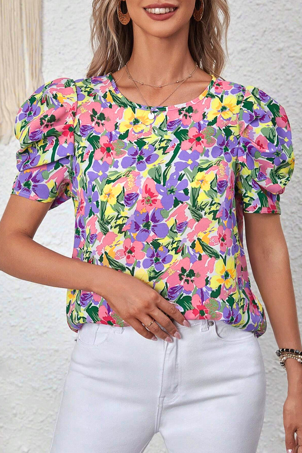 Purple Floral Print Puff Short Sleeve Crew Neck Blouse - Snoopy's Closet