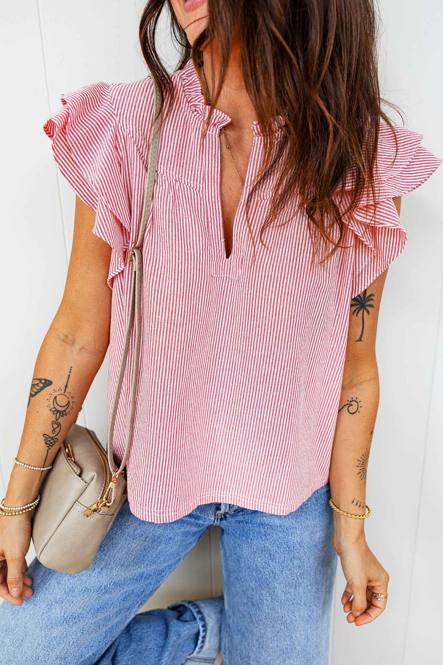 Red Stripe Frilly Split Neck Double Ruffled Short Sleeve Blouse