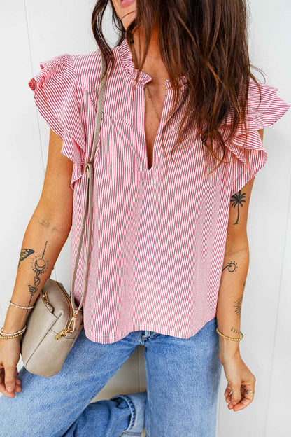 Red Stripe Frilly Split Neck Double Ruffled Short Sleeve Blouse