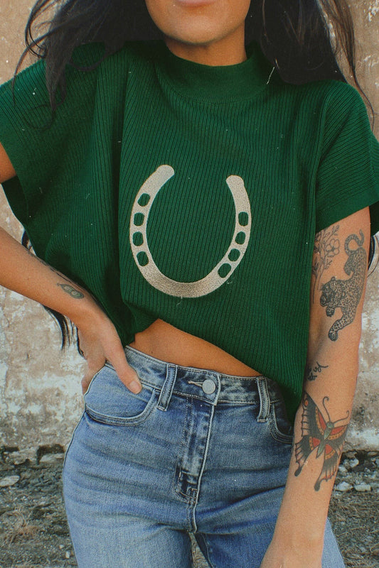 Blackish Green Horseshoe Graphic Western Short Sleeve Sweater - Snoopy's Closet