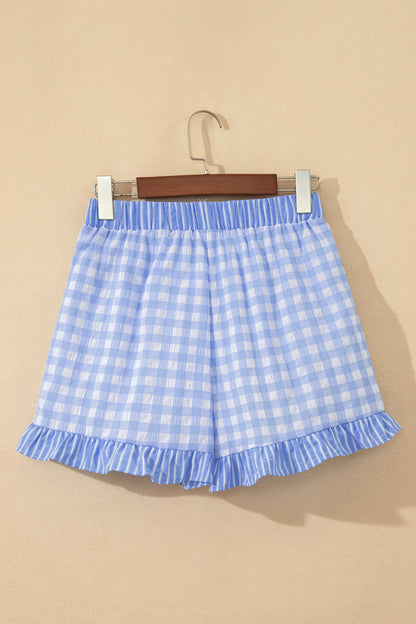 Red Gingham Print Ruffle Striped Detail Lace Tie Shorts - Snoopy's Closet