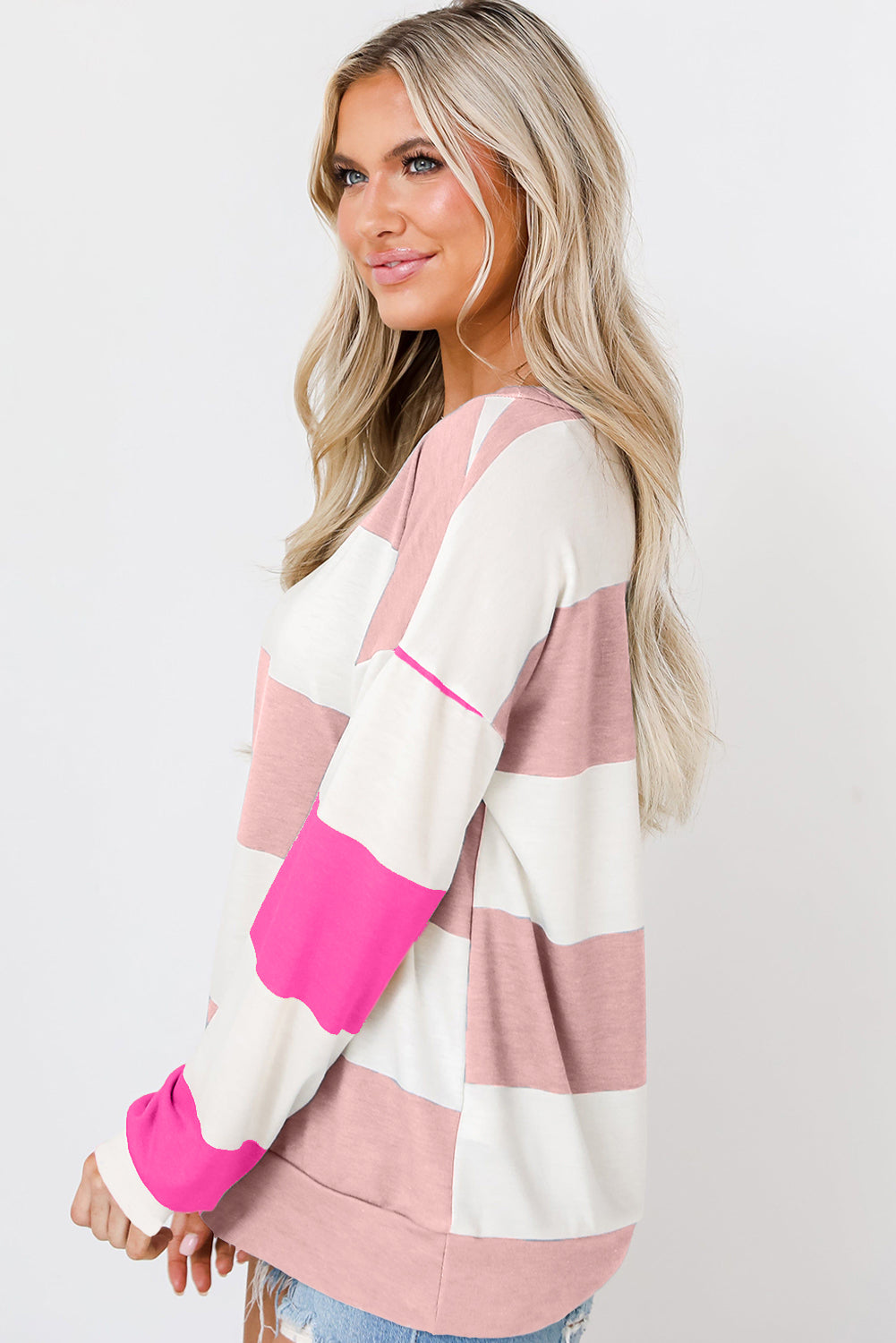 Light Blue Colorblock Striped Drop Shoulder Long Sleeve Top - Snoopy's Closet