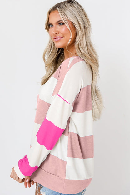 Light Blue Colorblock Striped Drop Shoulder Long Sleeve Top - Snoopy's Closet