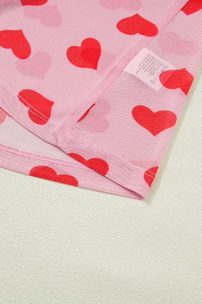 Pink Valentines Heart Printed Sheer Mesh Long Sleeve Top - Snoopy's Closet