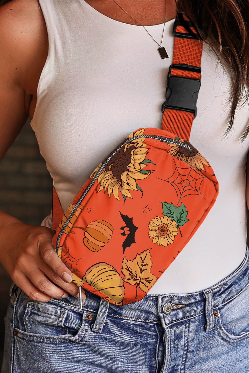Orange Pumpkin Sunflower Halloween Graphic Crossbody Bag - Snoopy's Closet