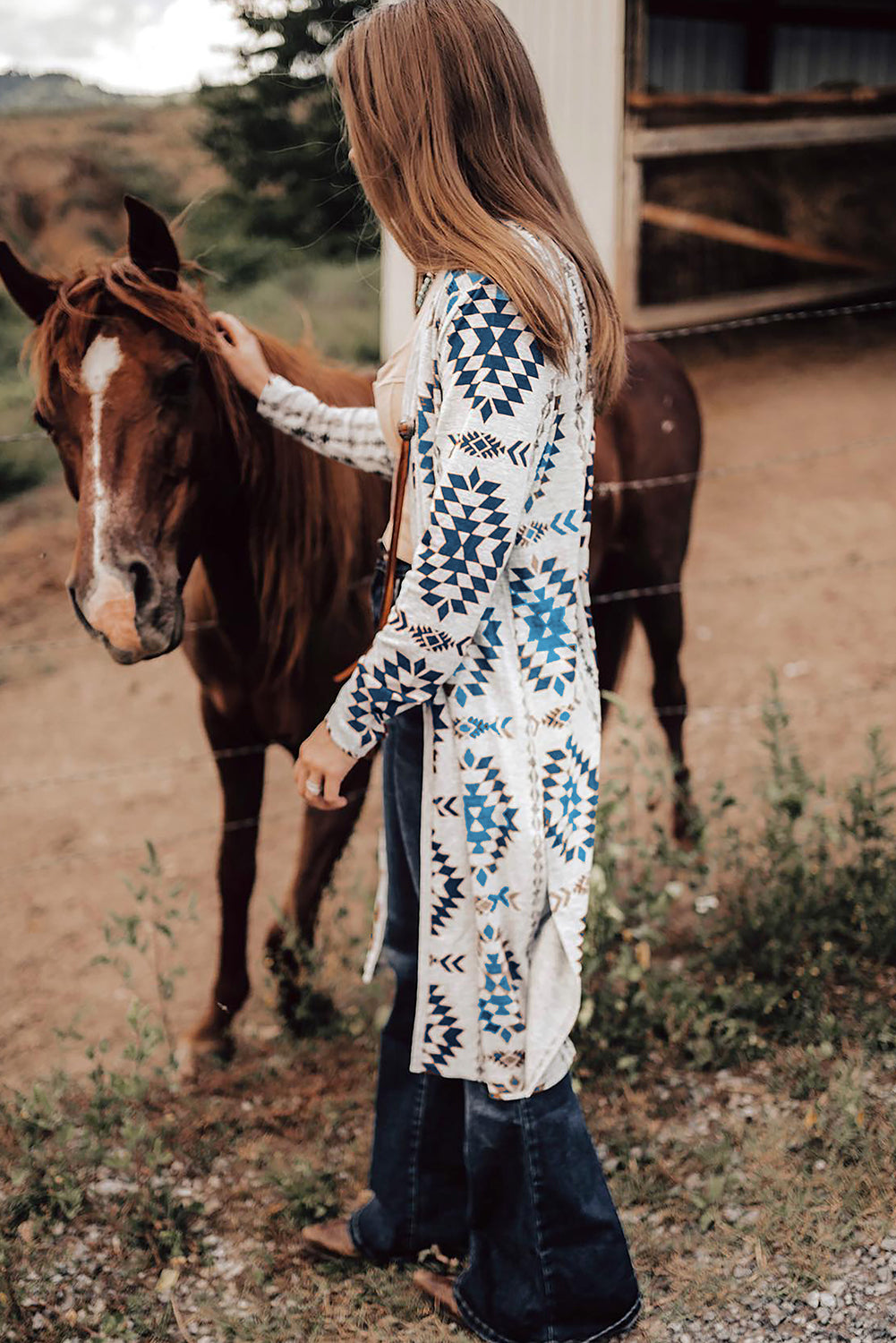 Sky Blue Western Aztec Printed Open Front Long Cardigan - Snoopy's Closet