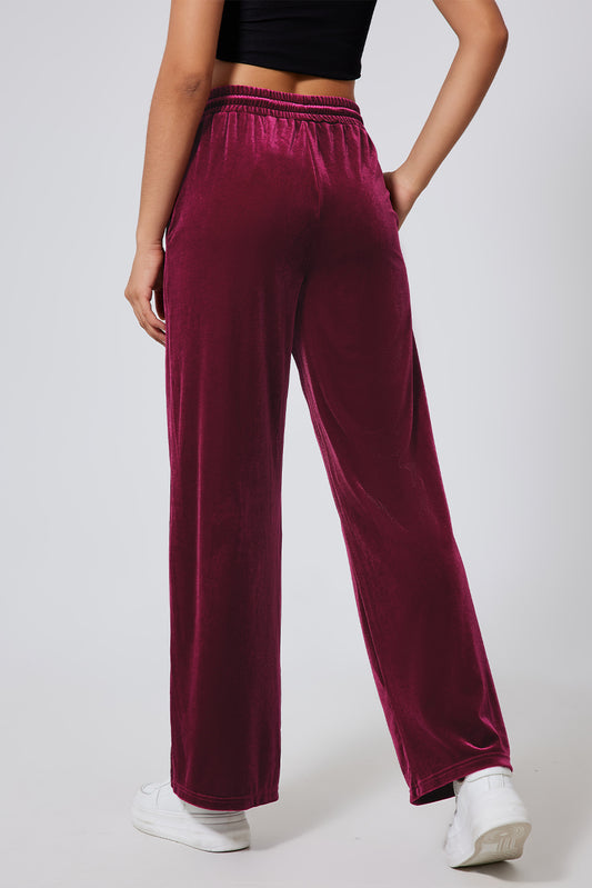 Pantalones de pernera ancha con cordón en la cintura, color borgoña liso