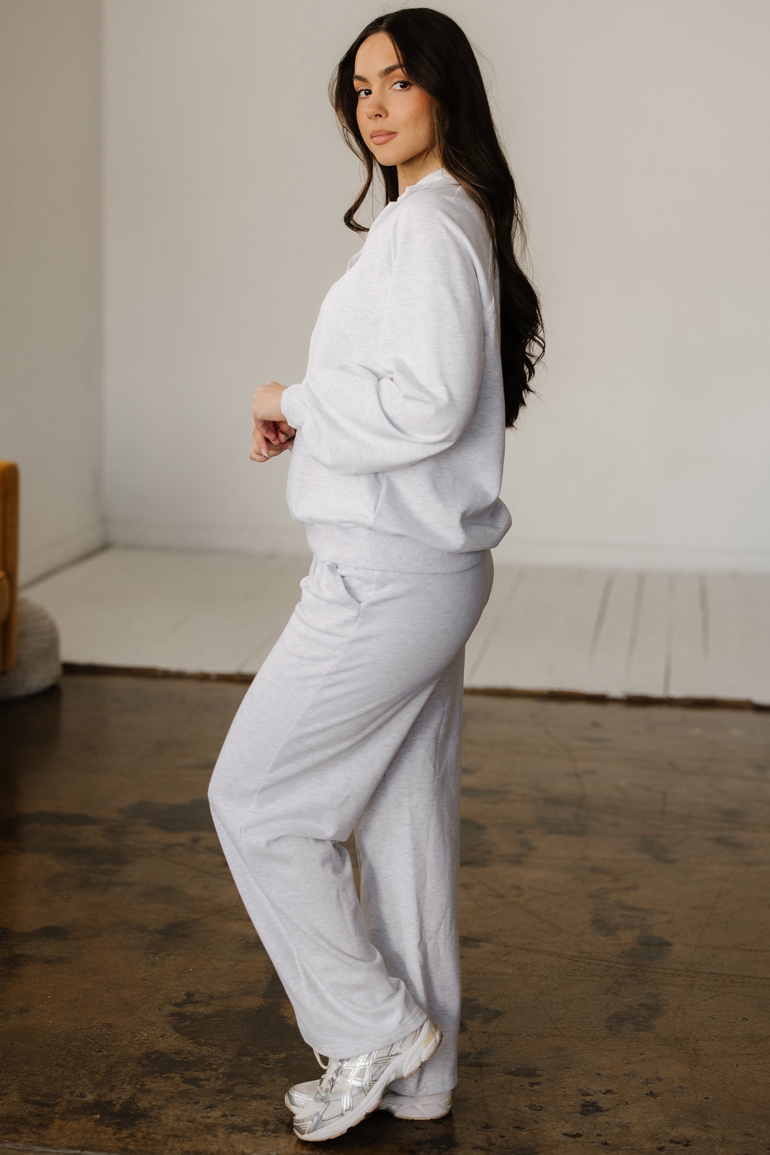 Light Grey Polo Collar V Neck Pullover and Drawstring Sweatpants Set - Snoopy's Closet
