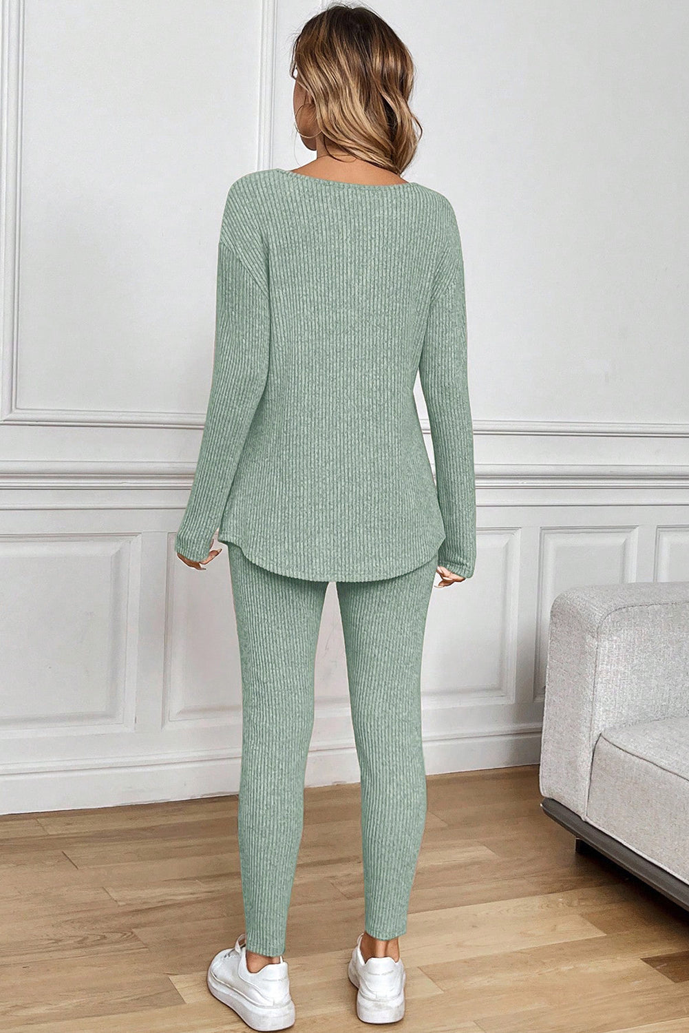 Grass Green Ribbed Notched Neck Knit Long Sleeve Leggings Two Pieces Lounge Set - Snoopy's Closet