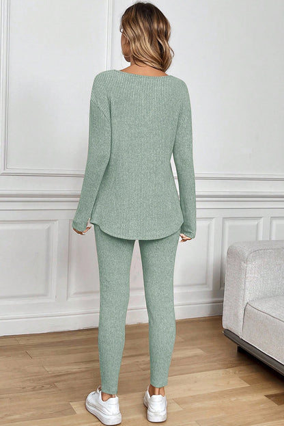 Grass Green Ribbed Notched Neck Knit Long Sleeve Leggings Two Pieces Lounge Set - Snoopy's Closet