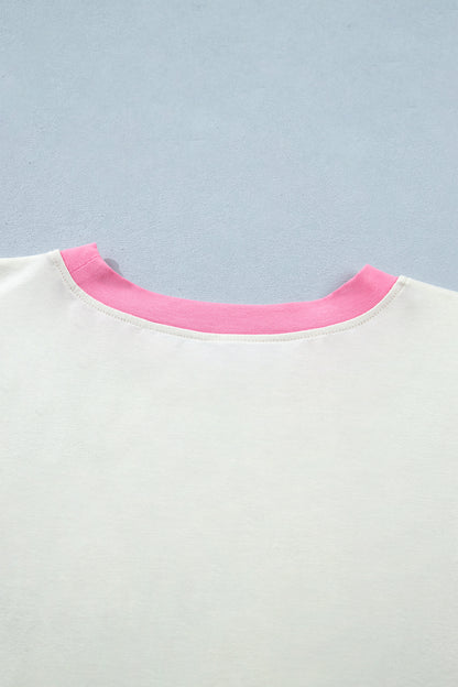 Camiseta de algodón de manga corta con estampado floral patchwork y bordado, talla grande, color beige