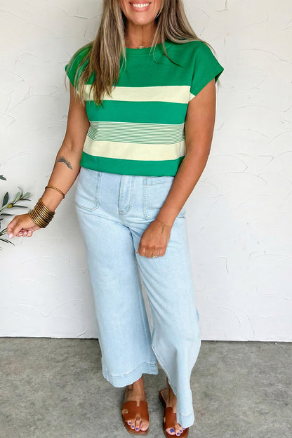 Green Stripe Mixed Print Crew Neck Cap Sleeve T Shirt - Snoopy's Closet