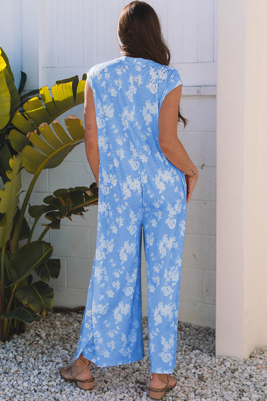 Mono sin mangas Myosotis con estampado floral, medio abotonado y de pierna ancha, corte relajado