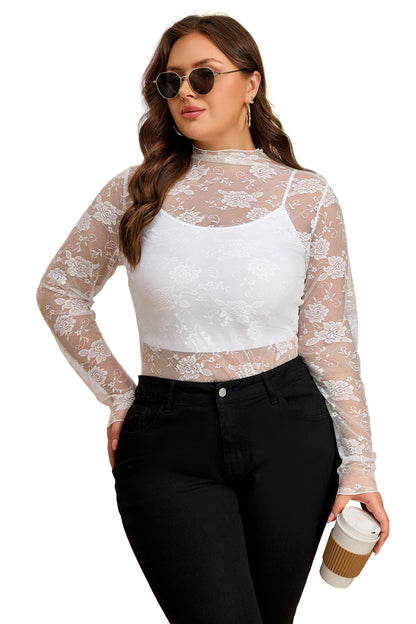 White Plus Size Floral Mesh Long Sleeve Top - Snoopy's Closet