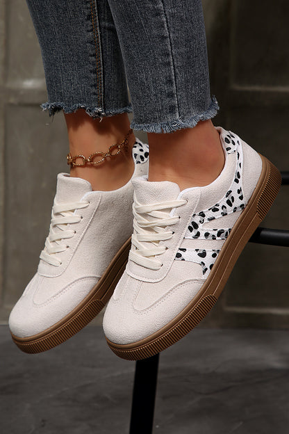 White Suede Leopard Color Block Trim Lace-up Casual Shoes - Snoopy's Closet