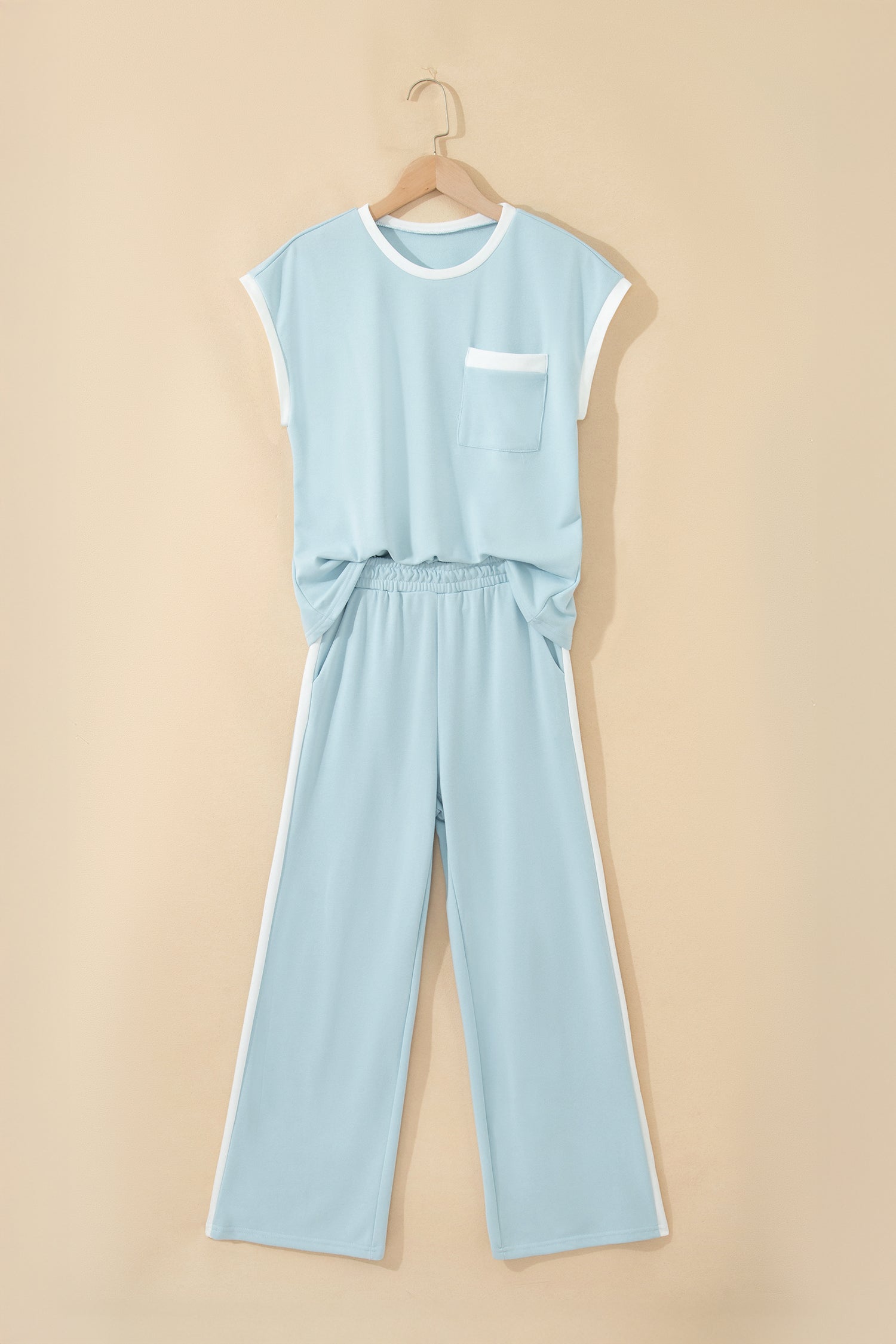 Mist Blue Contrast Trim Round Neck Pocketed Boxy Tank Top Wide Leg Pant Set - Snoopy's Closet