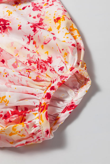 Pink Ditsy Floral Bubble Sleeve V Neck Blouse - Snoopy's Closet