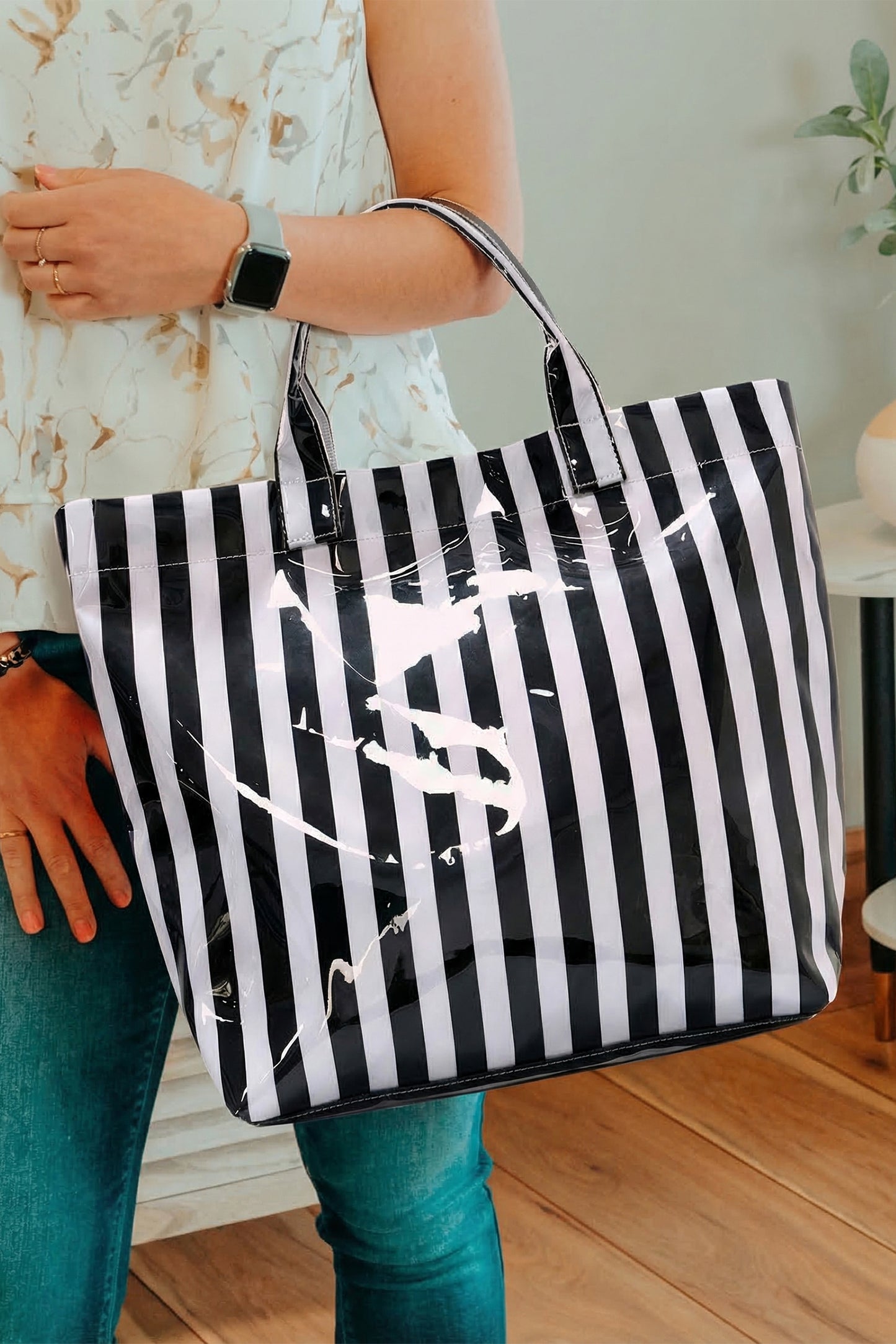 Blackish Green Glossy Striped Vinyl Large Tote Bag - Snoopy's Closet