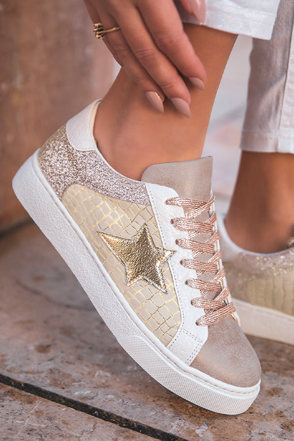 Tillandsia Purple Dearlove Glitter Star Patchwork PU Leather Lace-up Sneakers - Snoopy's Closet