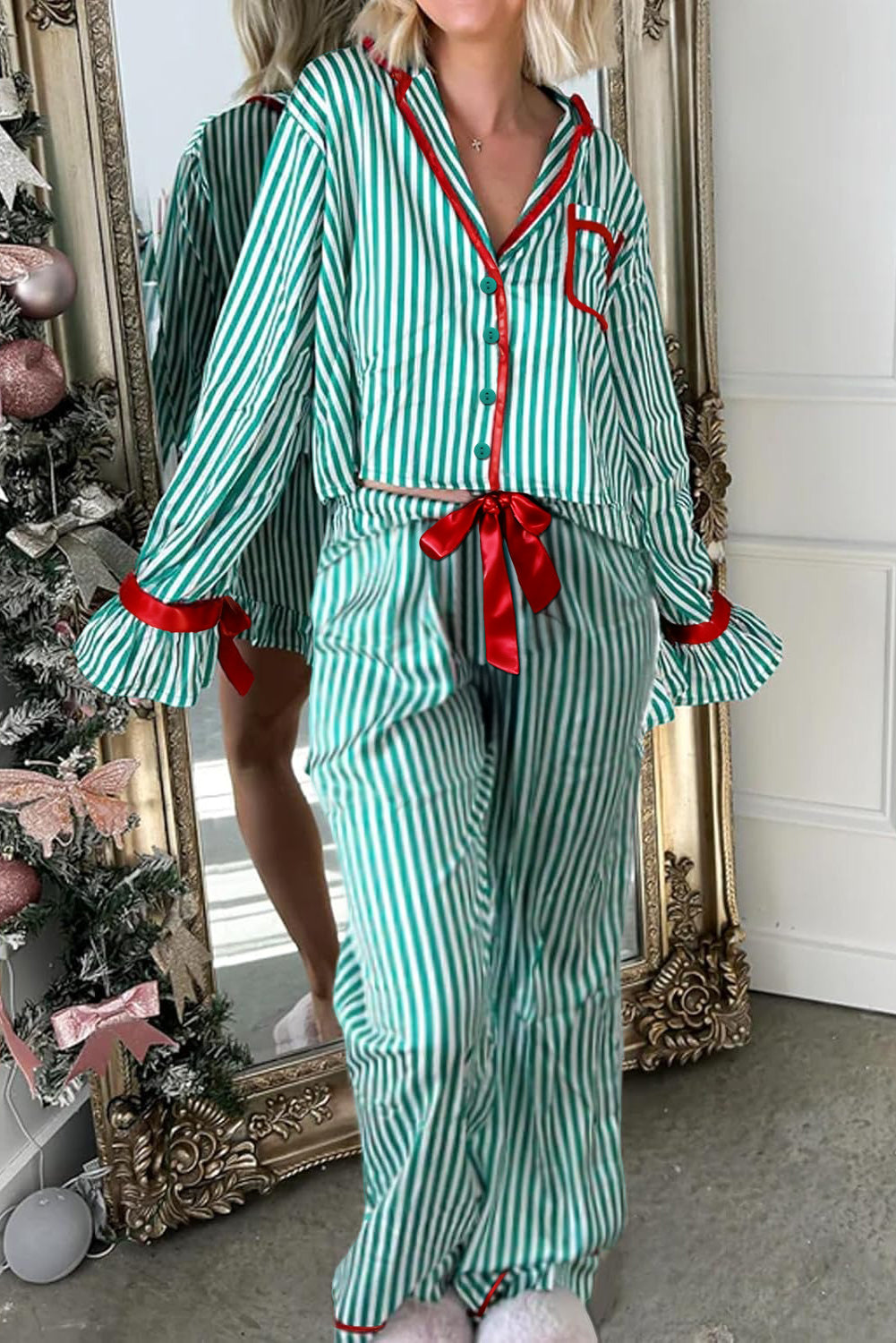Green Stripe Contrast Velvet Trim Bow Knot Waist 2pcs Pajama Set - Snoopy's Closet