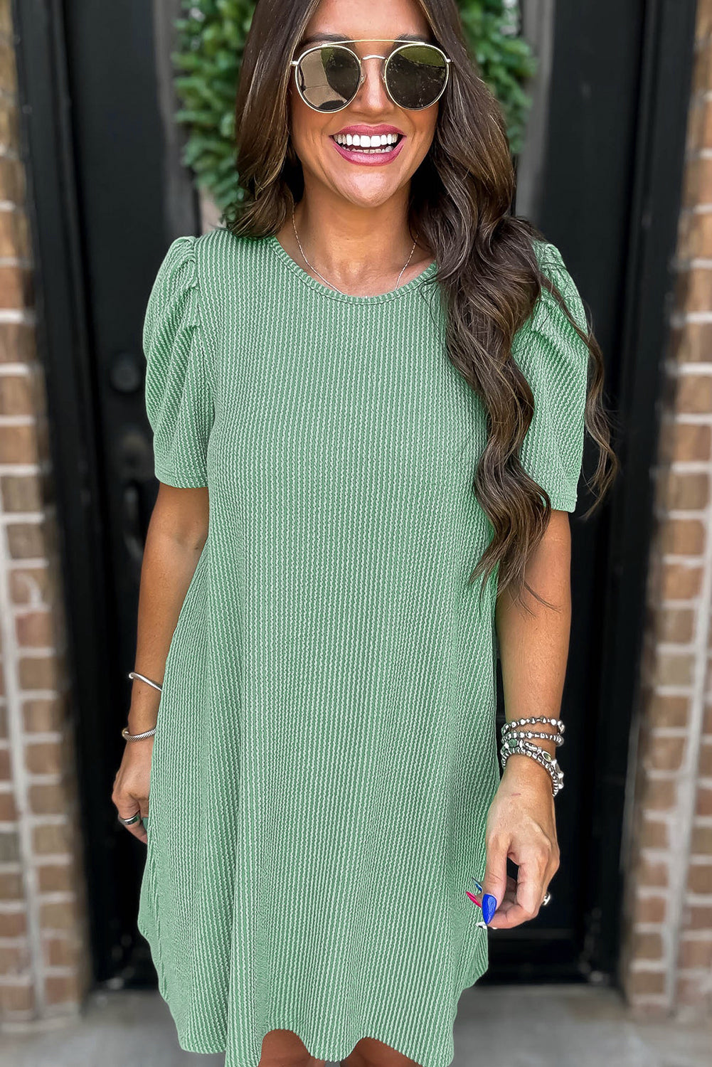 Mint Green Corded Knit Crew Neck Puff Sleeve Shift Mini Dress - Snoopy's Closet