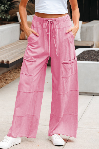Pantalones cargo de pierna ancha con cordón en la cintura elástica, costura expuesta y lavado mineral Bonbon