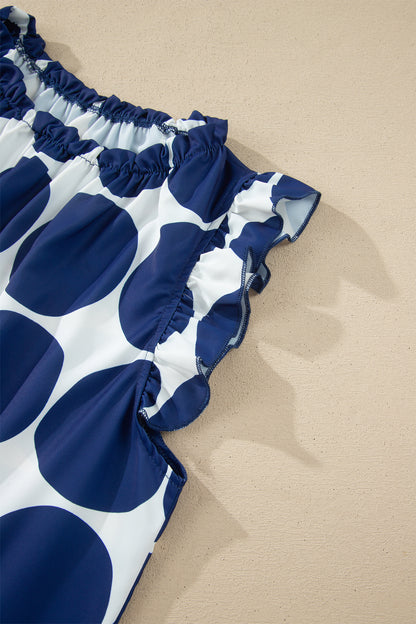 Blue Polka Dot Print Frilled Round Neck Shift Tank Top - Snoopy's Closet