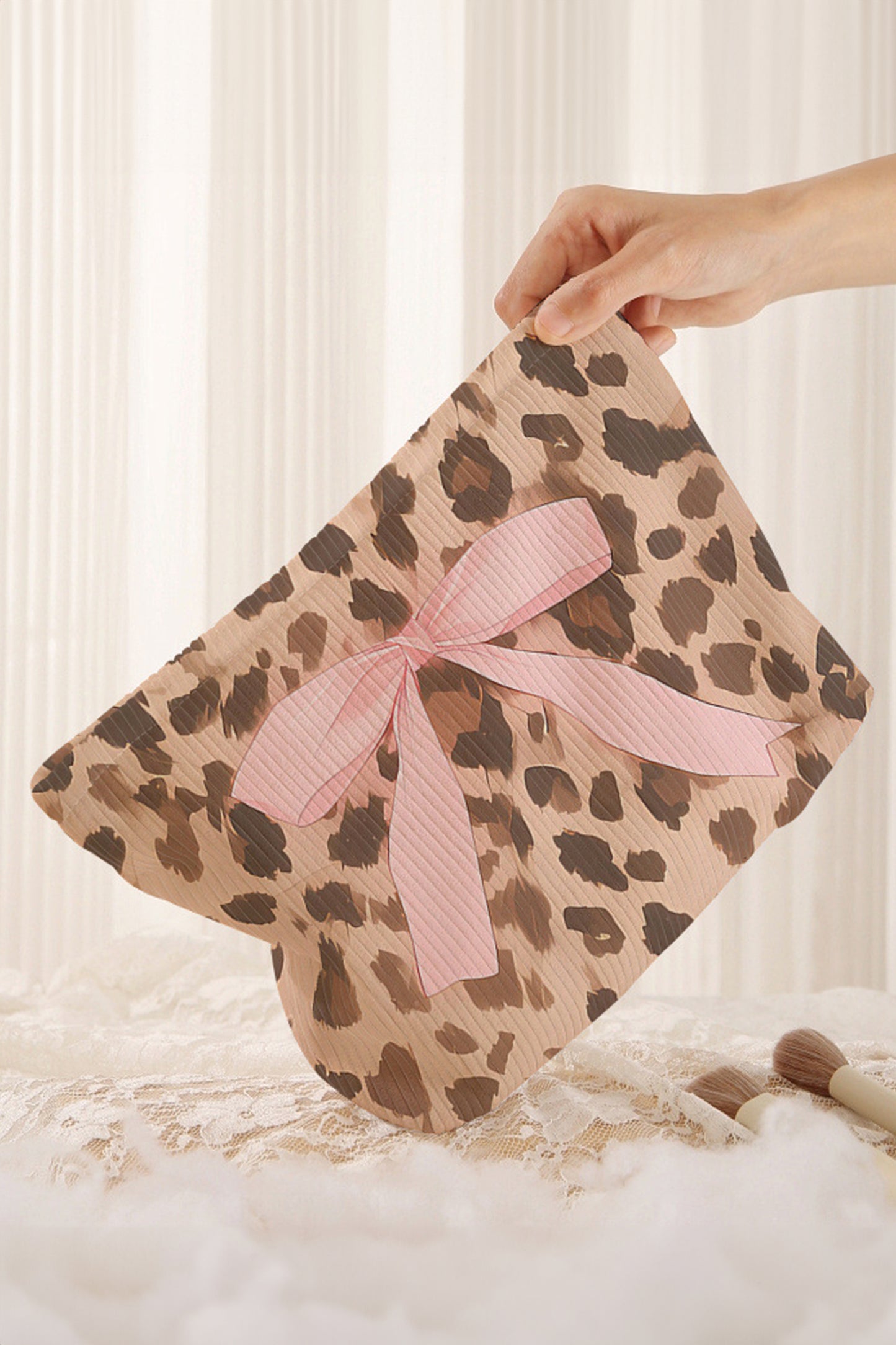 Camel Ribbon Bow Leopard Print Ribbed Cloth Makeup Bag - Snoopy's Closet